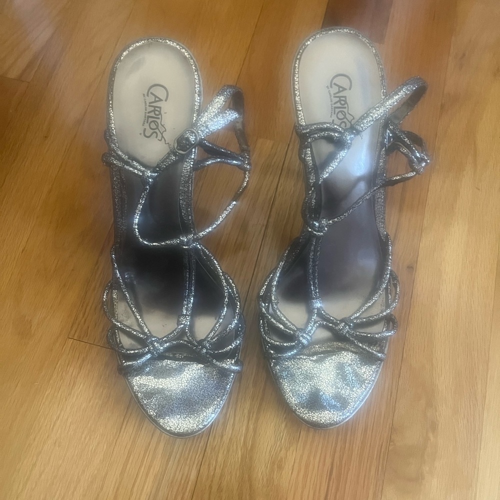 metallic silver strappy heels